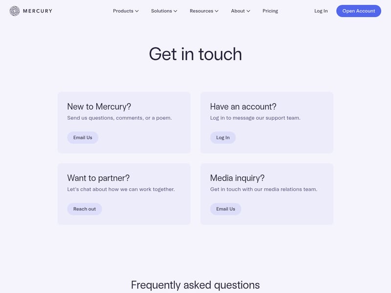 Screenshot of the Mercury contact page