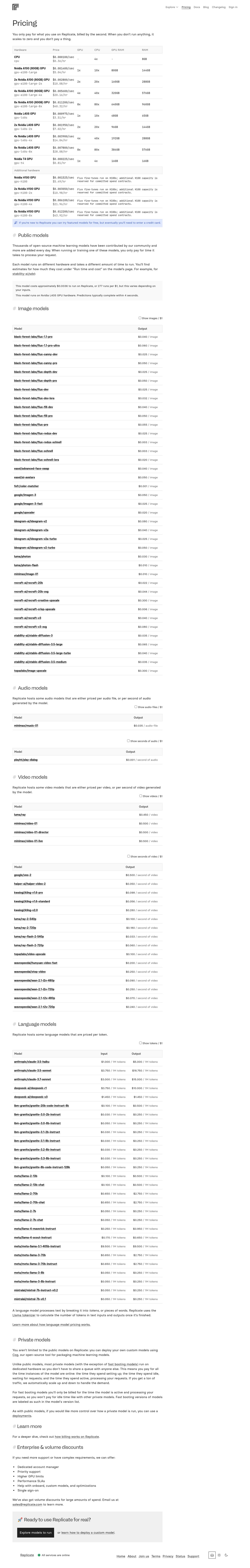 Screenshot of the Replicate pricing page