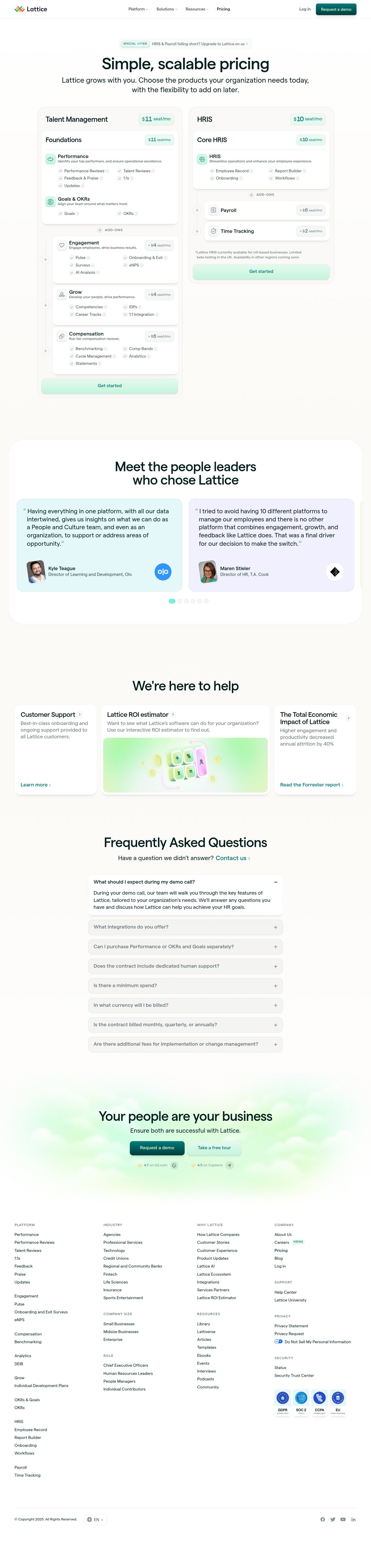 Screenshot of the Lattice pricing page
