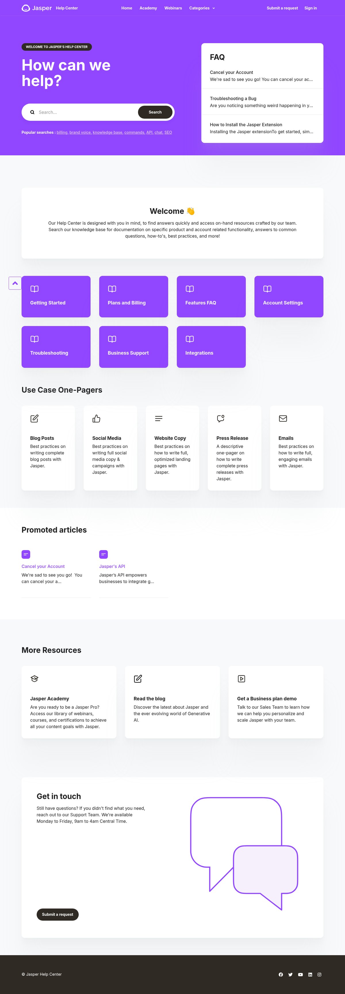 Screenshot of the Jasper FAQ page