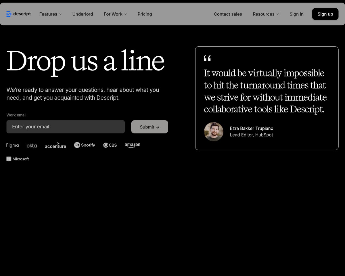 Screenshot of the Descript contact page