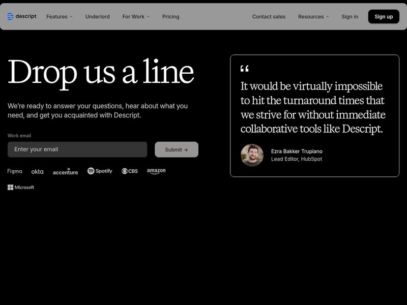 Screenshot of the Descript contact page