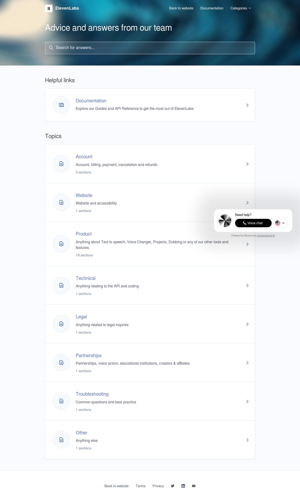 Screenshot of the ElevenLabs FAQ page