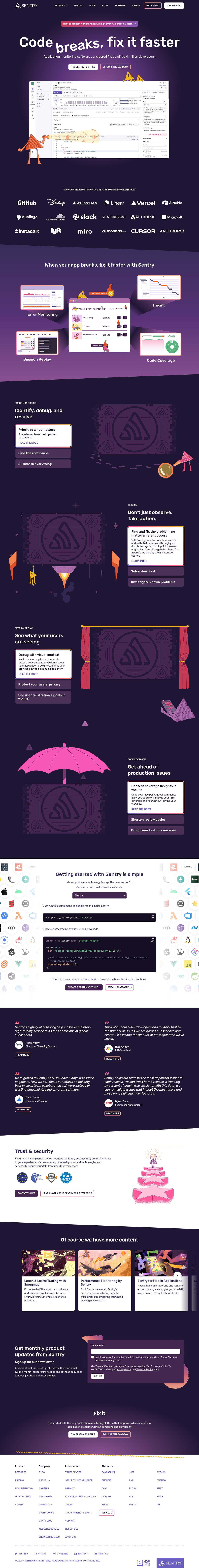 Screenshot of the Sentry landing page