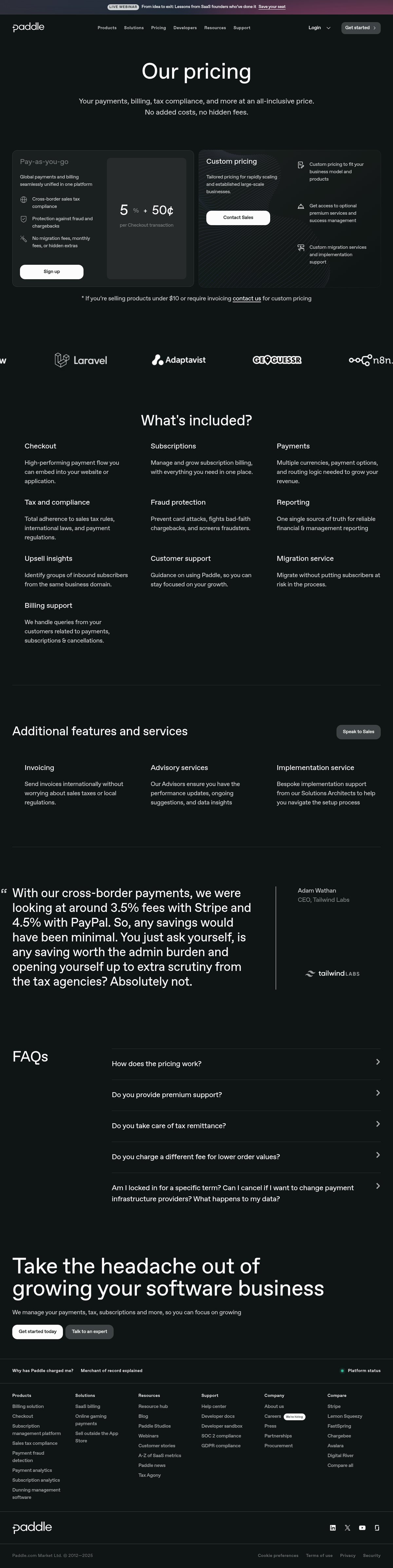 Screenshot of the Paddle pricing page