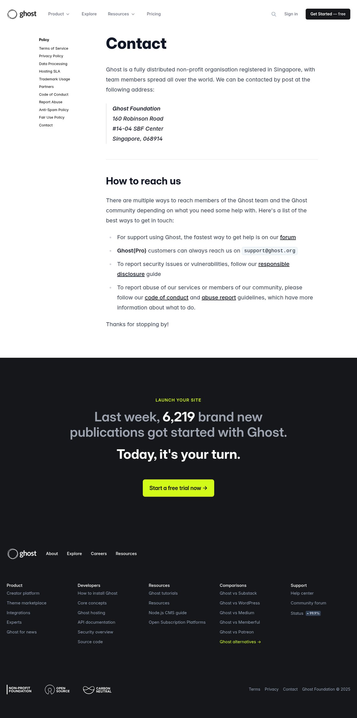 Screenshot of the Ghost contact page