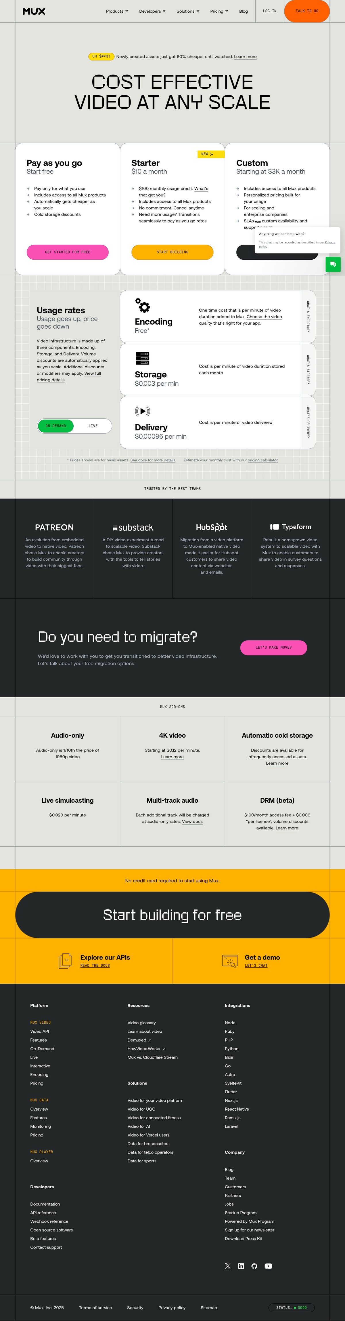 Screenshot of the Mux pricing page