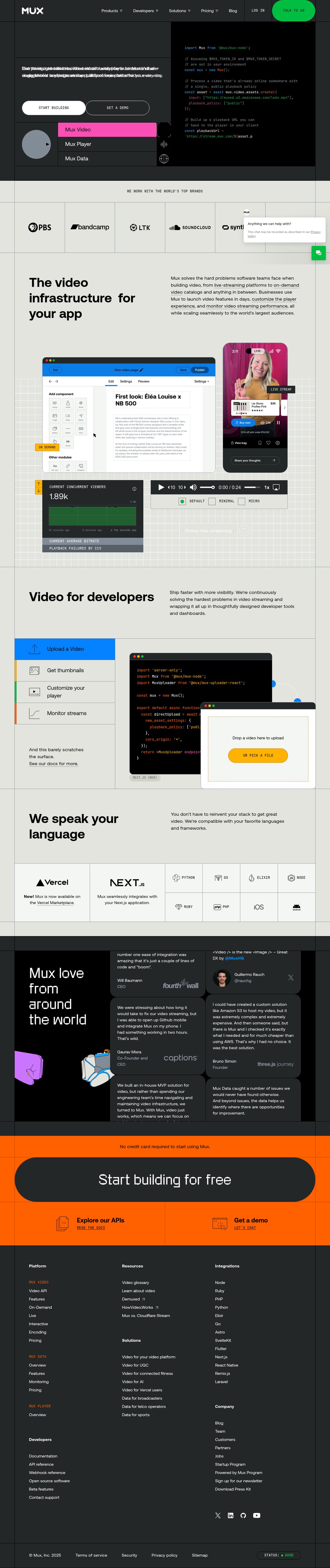 Screenshot of the Mux landing page