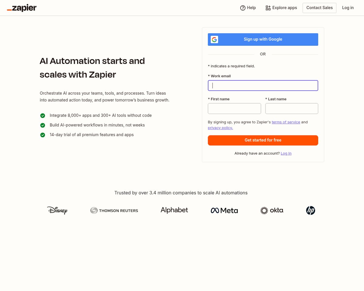 Screenshot of the Zapier signup page
