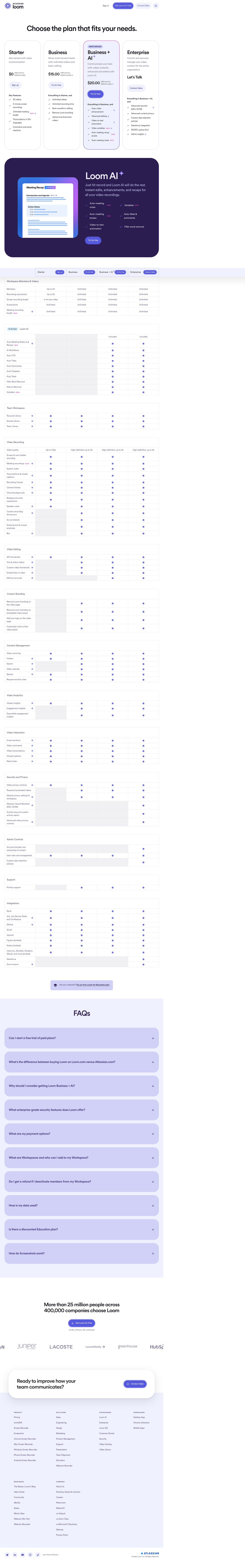Screenshot of the Loom pricing page