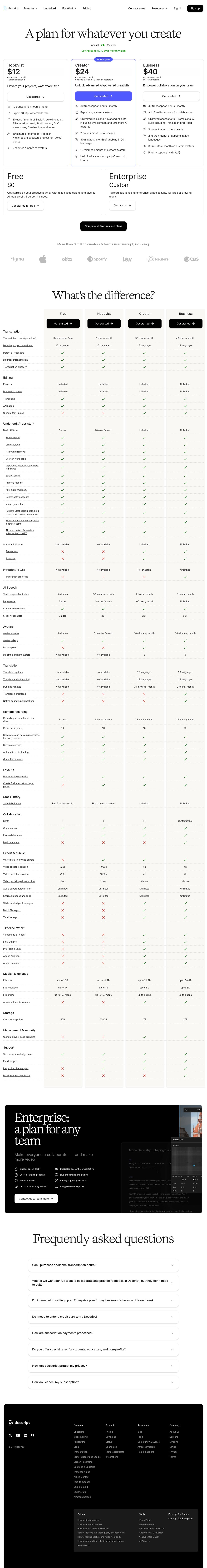 Screenshot of the Descript pricing page