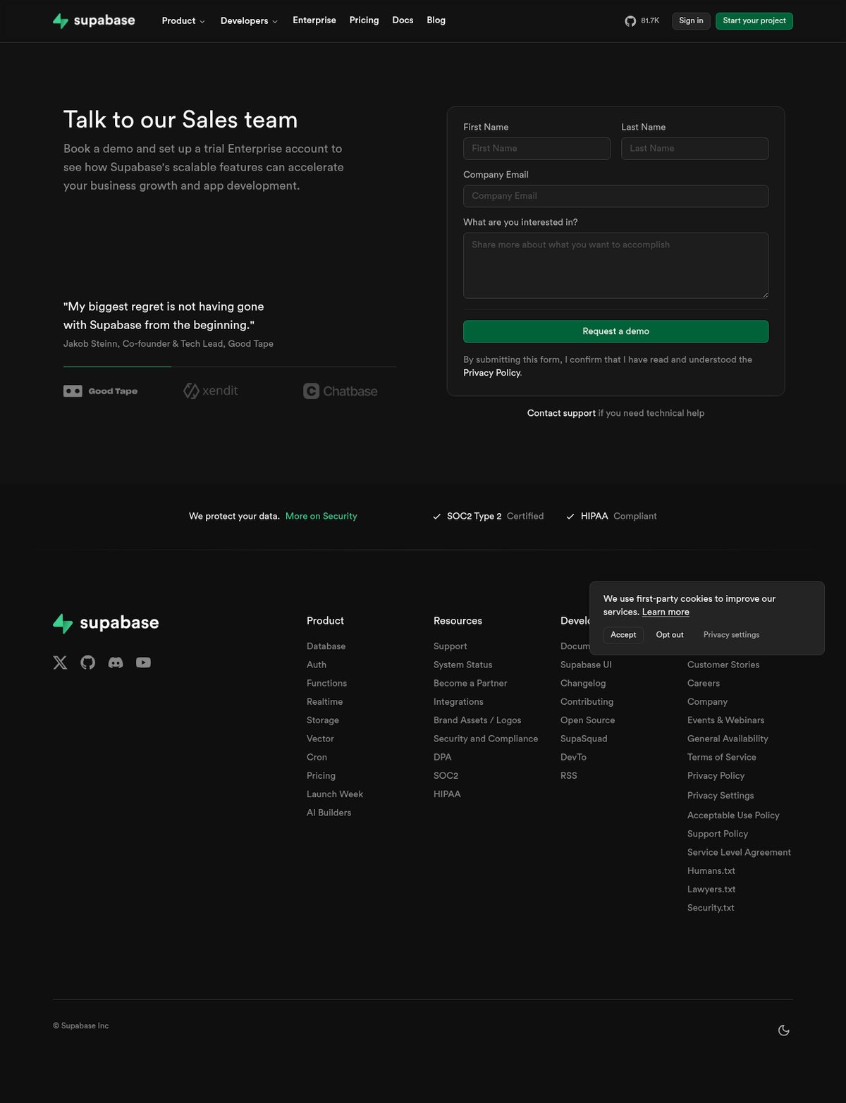 Screenshot of the Supabase contact page