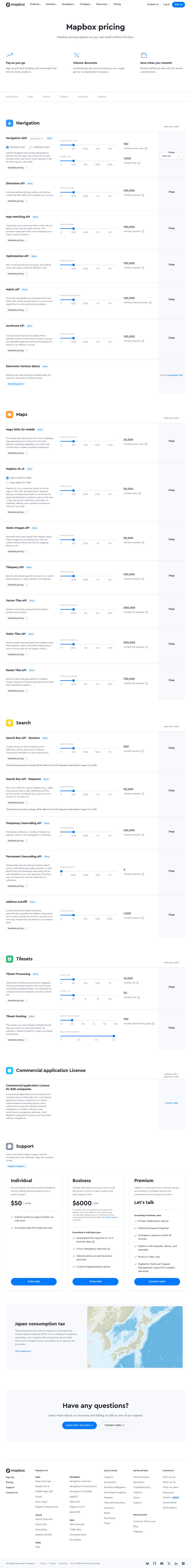 Screenshot of the Mapbox pricing page