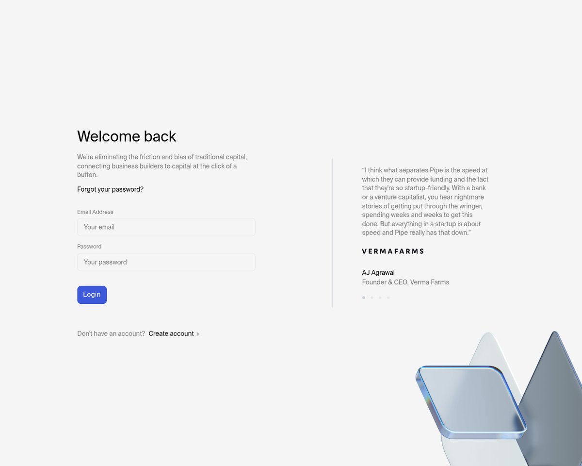 Screenshot of the Pipe login page