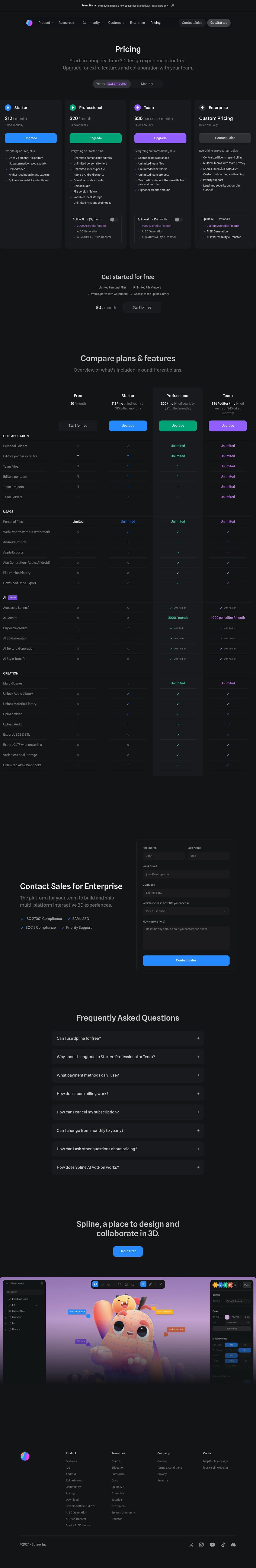 Screenshot of the Spline pricing page