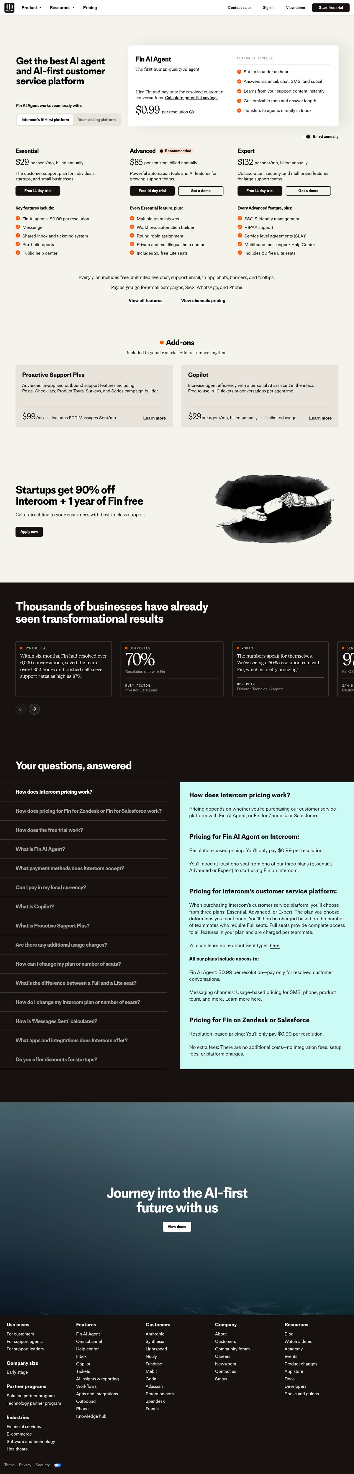 Screenshot of the Intercom pricing page