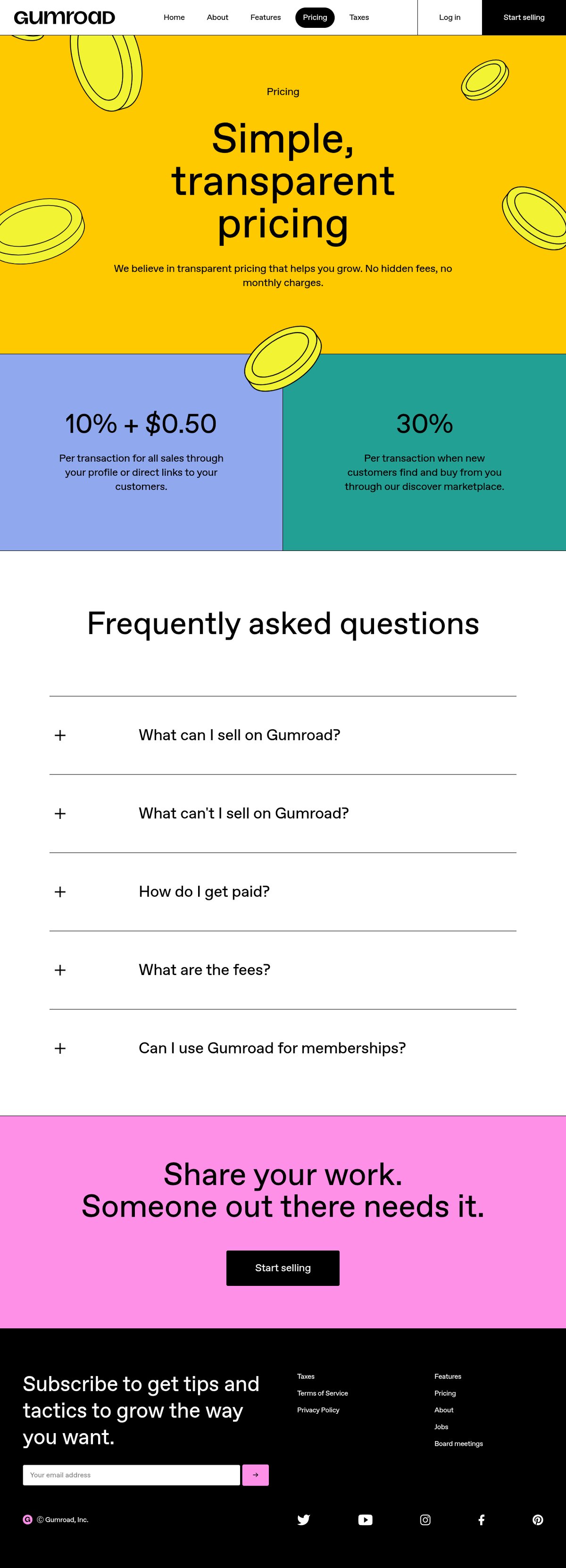 Screenshot of the Gumroad pricing page