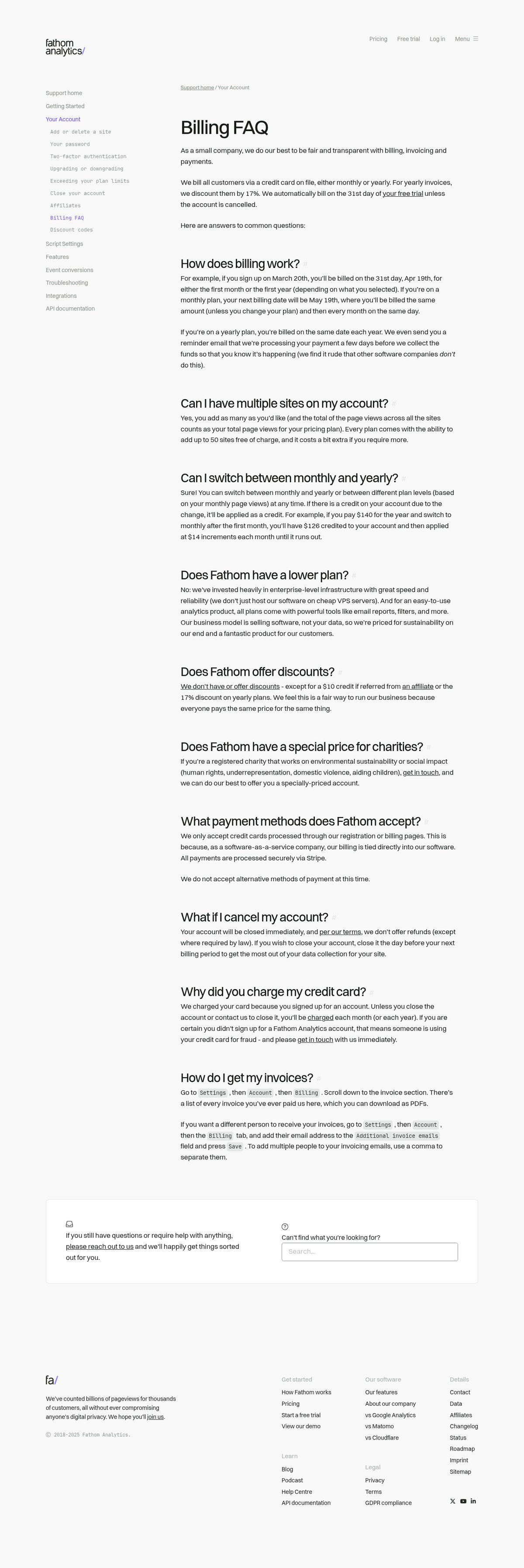 Screenshot of the Fathom FAQ page