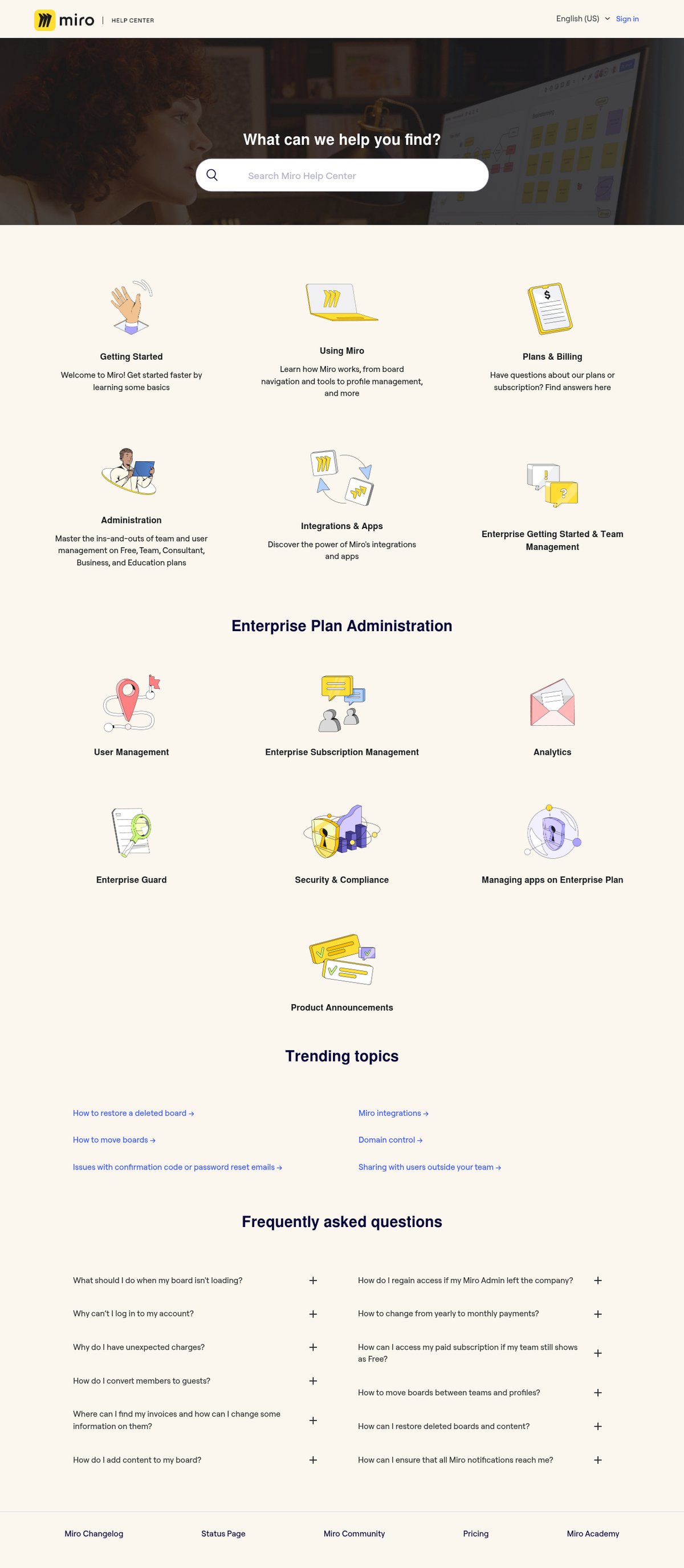 Screenshot of the Miro FAQ page