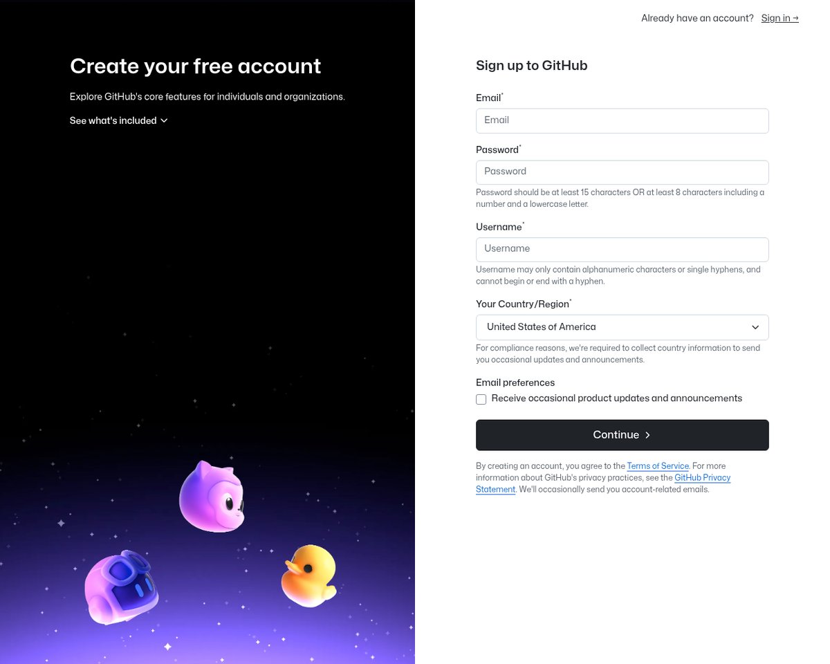 Screenshot of the GitHub signup page