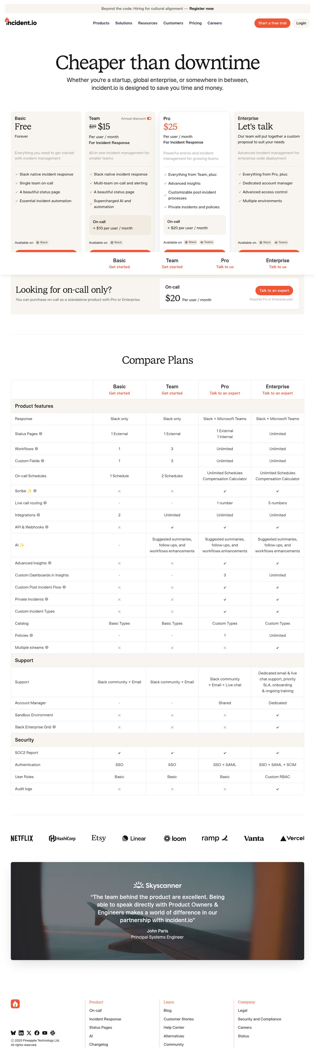 Screenshot of the incident.io pricing page