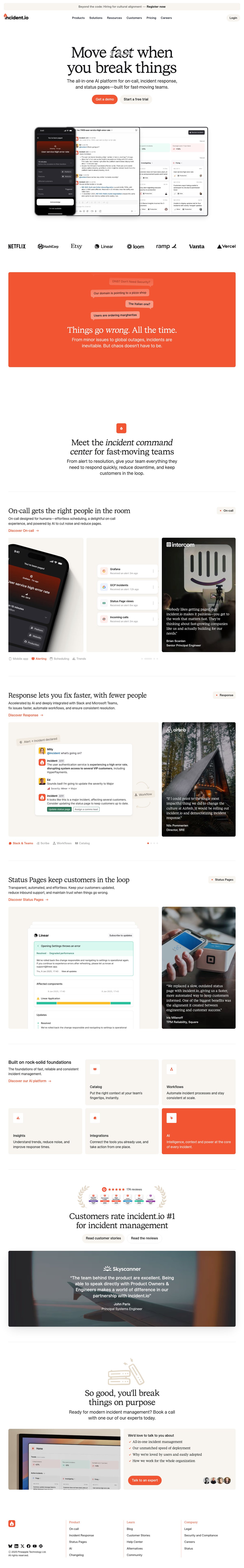 Screenshot of the incident.io landing page