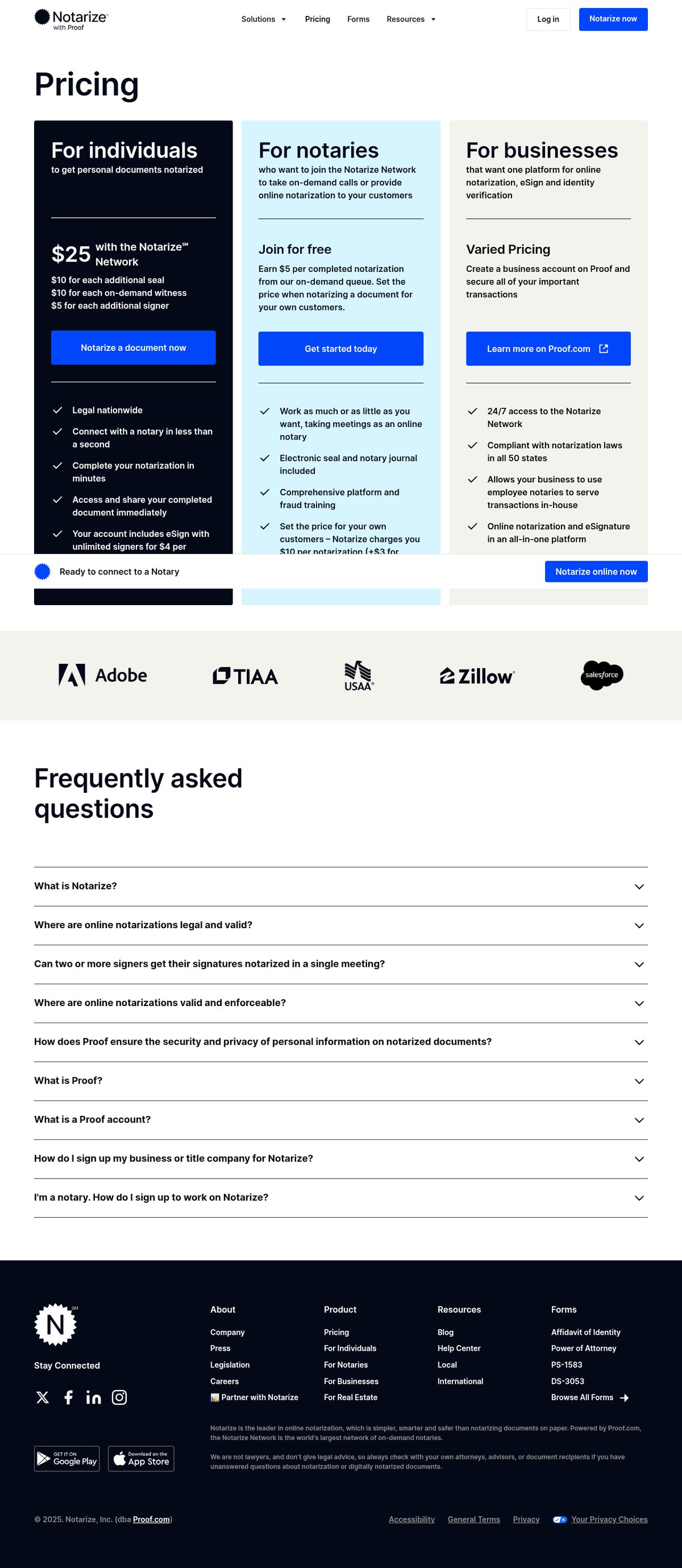 Screenshot of the Notarize pricing page