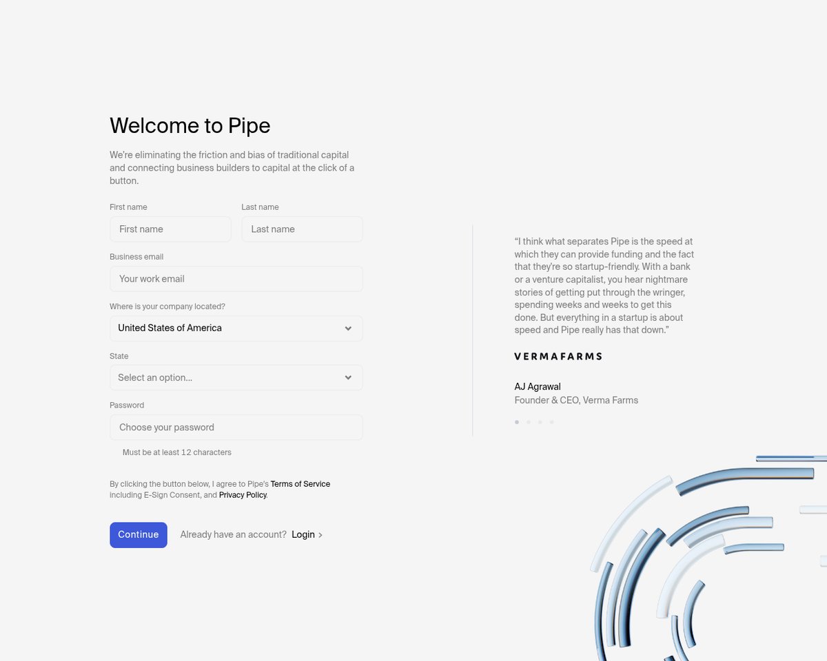 Screenshot of the Pipe signup page