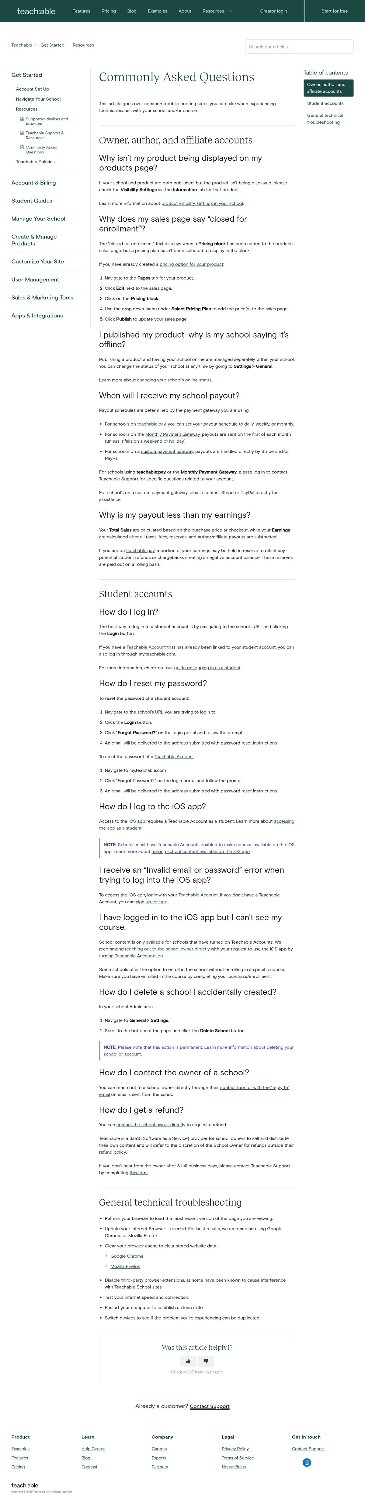 Screenshot of the Teachable FAQ page