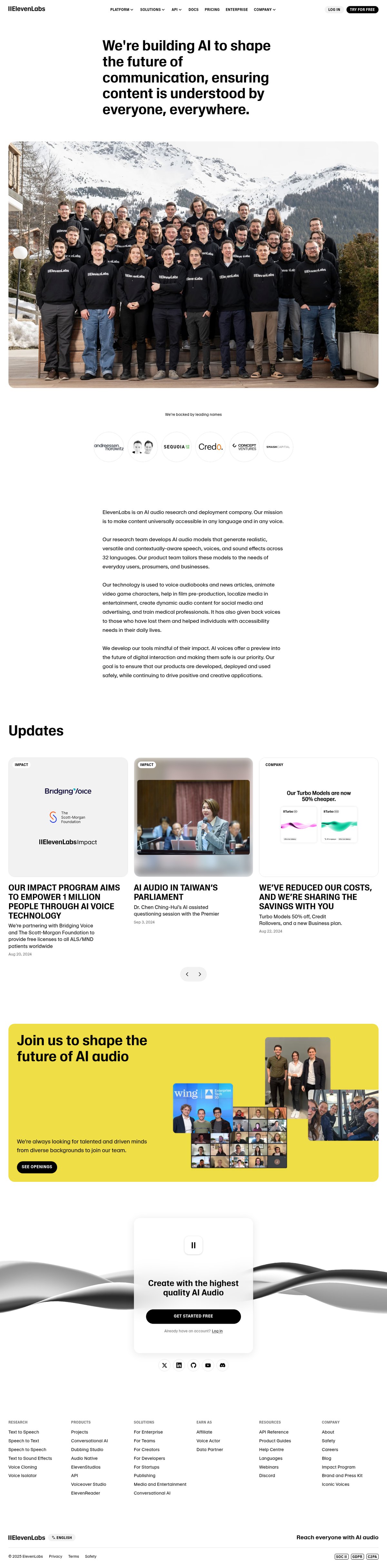 Screenshot of the ElevenLabs about page