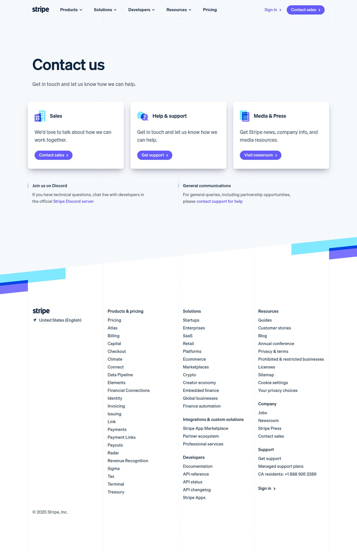 Screenshot of the Stripe contact page